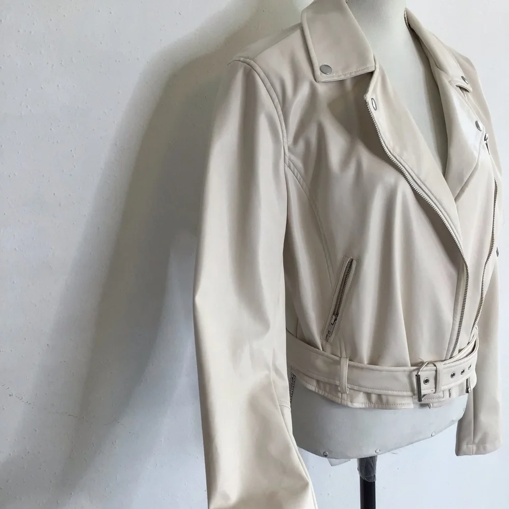 AND NOW THIS WOMEN STYLISH CREAM FAUX LEATHER COLLARED ZIPPER MOTO JACKET SZ L - Picture 3 of 12